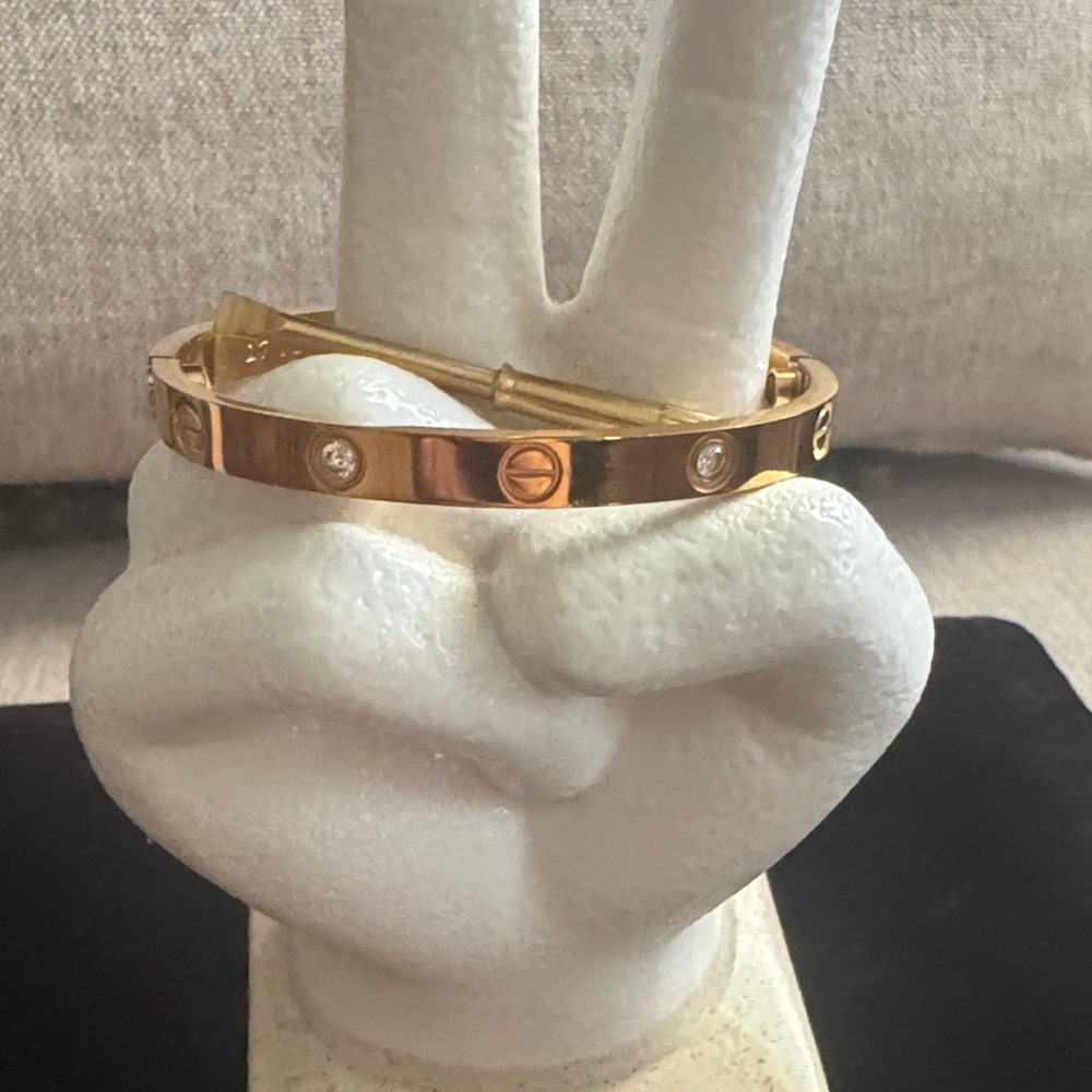 Gold Hinged Bangle Bracelet with cubic Zirconia Classic Fashion Glam